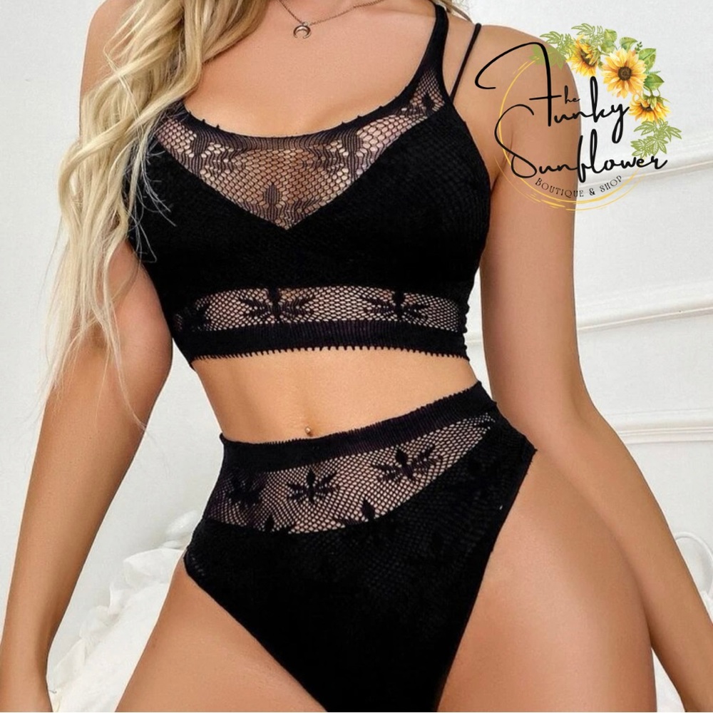 Leaf Plant Fishnet Lingerie Set